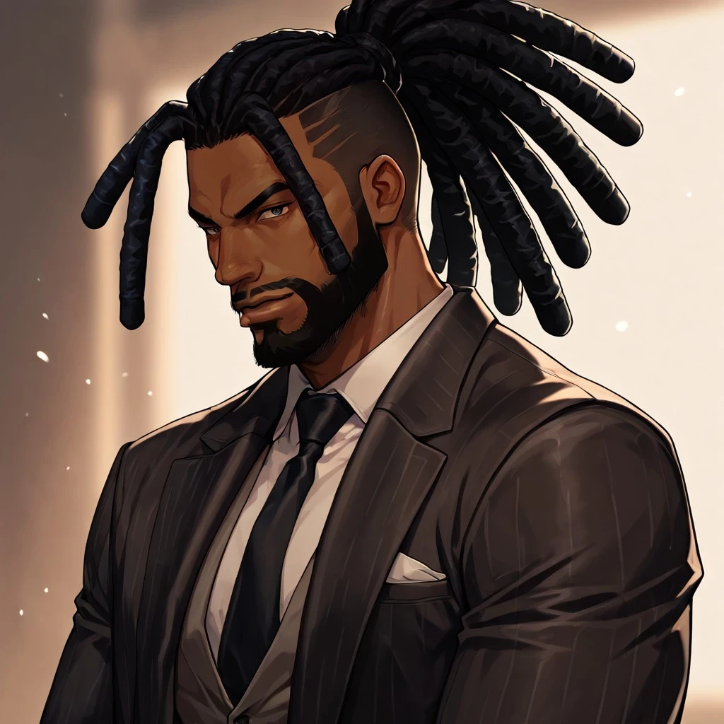 masterpiece, best quality, newest, absurdres, highres, FCMXV1.0, 1boy, DLPT-V1.0, dreadlocks, ponytail, tied hair, solo, male focus, dark-skinned male, suit, black hair, beard, facial hair,