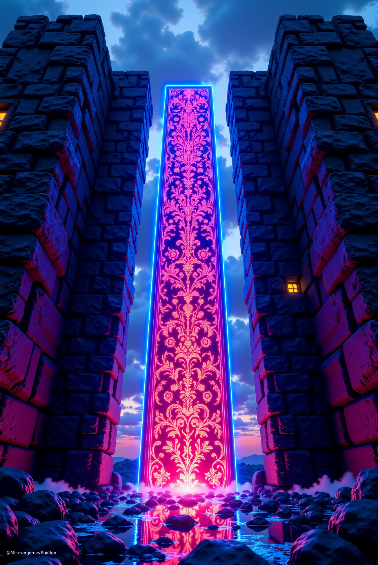 <lora:Ornamental_Patterns:0.8> OrnamentalPatterns style.
Two monumental stone towers rise under a twilight sky, their central channel filled with a radiant vertical strip of glowing crimson and sapphire-blue ornamentation. The pattern is embedded in the stone, composed of scrolling symmetrical tracery and luminous floral filigree, glowing with surgical sharpness and reflecting onto the ground below. The ornamental strip is flanked by cool shadows, amplifying the vibrancy of the glow, which appears as a mystical energy conduit. Each pattern element within the vertical channel is finely structured and evenly spaced, giving the impression of sacred geometry. Rendered in high-fantasy architectural concept style, the image uses advanced light bloom, cinematic perspective, and crystalline color saturation to emphasize both ornamental clarity and monumental scale.