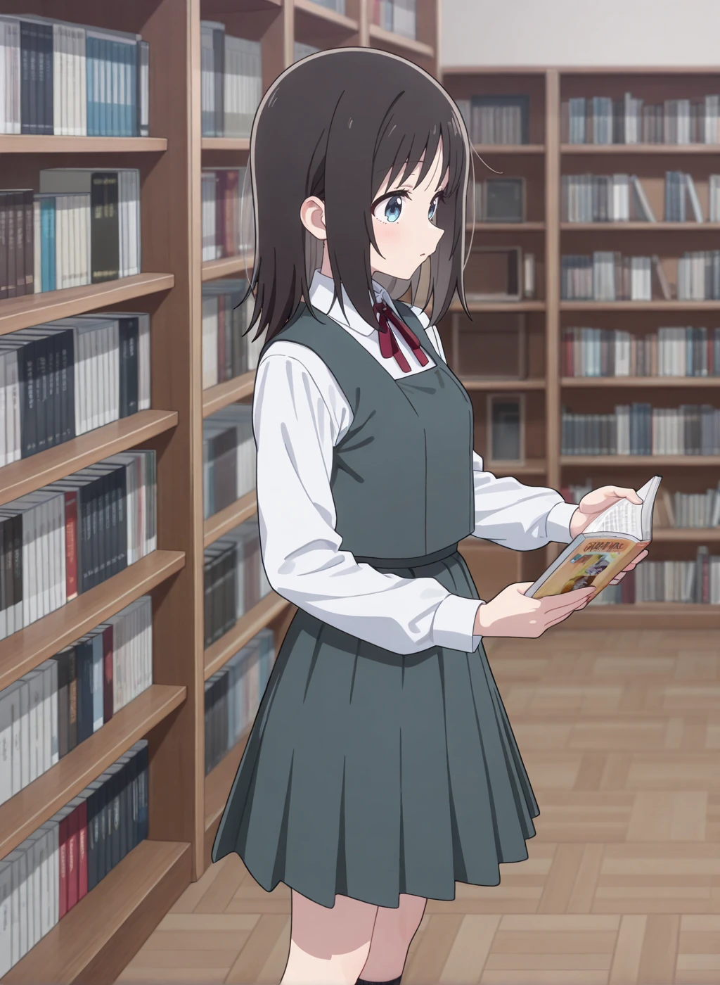 High quality,Ultra detailed,best quality,insanely detailed,beautiful,masterpiece,absurdres,very aesthetic,sensitive BREAK
<lora:haruyama_hana_V1_IL:1>,(haruyama hana, hana ha saku syura no gotoku, black hair, medium hair, blue eyes),(school uniform, white shirt, pleated skirt, collared shirt, neck ribbon, grey vest, long sleeves, grey skirt,black socks),1girl,solo,indoors,school,standing,looking at viewer,holding book,library,reading,bookshelf,from_side,looking_down,posing,