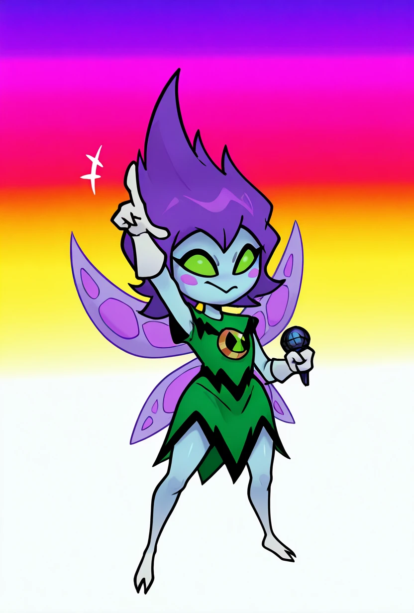 <lora:peskydust-09:1> peskydust, blue skin, fairy wings, blush stickers, 1girl, white gloves, green eyes, green dress, purple hair, spikey hair, hair pointing upwards, <lora:17bucks_Style_Illustrious:1> 17bucks, gradient color, 2d, standing, holding microphone, full body , dynamic pose, rainbow background,, masterpiece, best quality, amazing quality, very aesthetic, absurdres, newest,