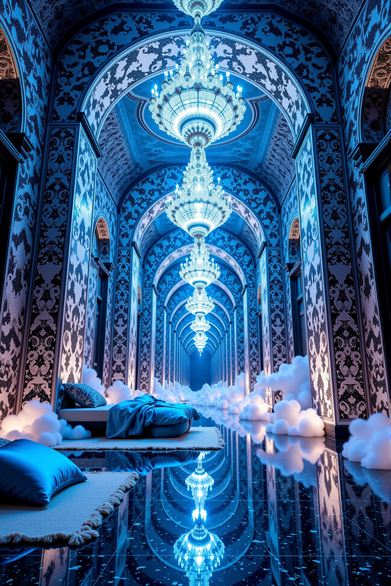 <lora:Ornamental_Patterns:0.6> OrnamentalPatterns style.
Every surface, every clothes and every wall is completely covered with clearly visible, vector-like, black on white fine damask pattern, contrasting sharply with the underlaying color.
Luminous Crystal Hall of Reflection. A resplendent hall crafted entirely from iridescent crystal stretches into infinity, its vaulted ceilings adorned with shimmering, mirrored mosaics. Every surface glistens with refracted light, casting prismatic reflections across the polished marble floor. Delicate chandeliers, composed of thousands of sparkling gems, hang from the arching ceilings, illuminating the space with a cool celestial glow. Plush, silken cushions rest upon intricately woven rugs, inviting visitors into this dreamlike sanctuary. The entire atmosphere is ethereal, blending high-fantasy and futuristic opulence in a scene reminiscent of an enchanted palace in a mythical realm.
