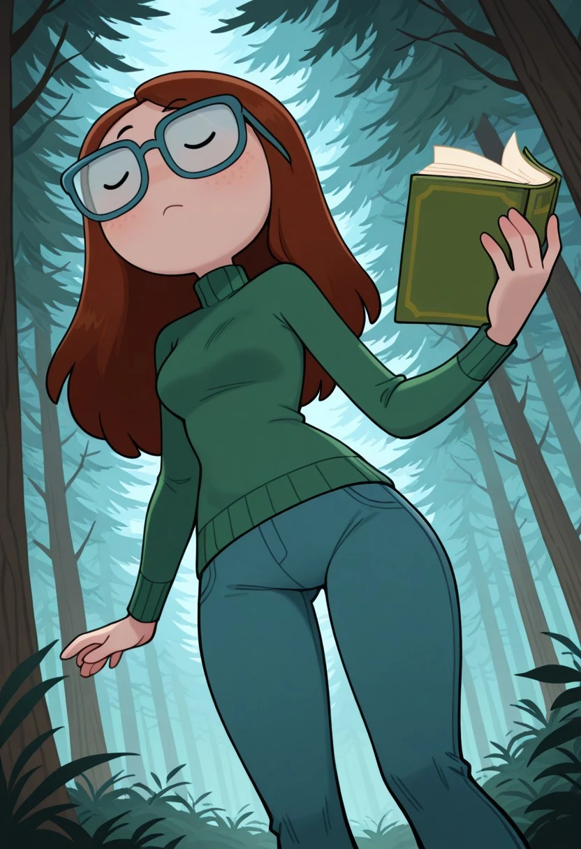 bettygrofILL, 1girl, solo, brown hair, glasses, long hair, green sweater, dot pupils, blue pants, turtleneck masterpiece, best quality, newest, absurdres, highres, amazing quality, 4k, good lighting, high resolution, dynamic angle, cforeshortening, eyes half closed, glossy skin, forest, holding book, closed lips,