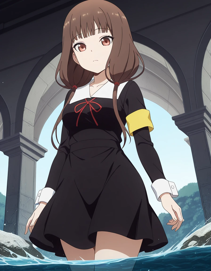 masterpiece, best quality, amazing quality,, <lora:miko-iino-s3-illustriousxl-lora-nochekaiser:1>, miko iino, iino miko, blunt bangs, brown eyes, brown hair, hair tie, long hair, low twintails, red ribbon, ribbon, twintails, mature female, , anime screencap, long sleeves, dress, ribbon, school uniform, collarbone, black dress, sailor collar, white sailor collar, red ribbon, neck ribbon, shuuchiin academy school uniform, armband,, from below, aqueduct, water, stone, arches, ancient, cowboy shot, solo, looking at viewer