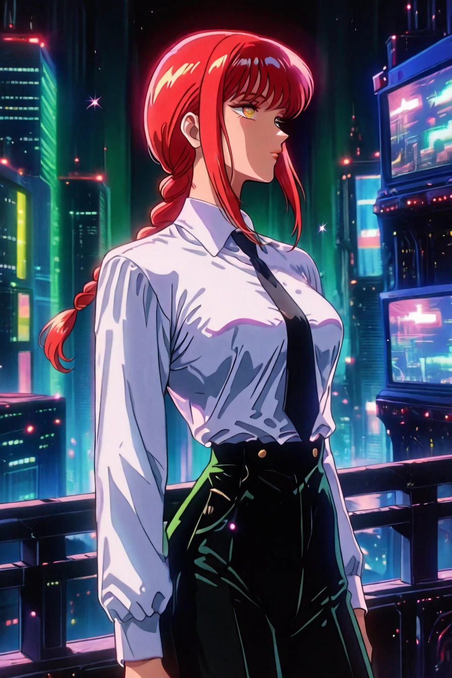 makima, red hair, long hair, yellow eyes, ringed eyes, braid, white collared shirt,black necktie, black pants, 1girl, solo, alone, cyberpunk city background, <lora:retro_celestial_scifi-000029:1>, retro_celestial_scifi, retro artstyle, masterpiece, highres