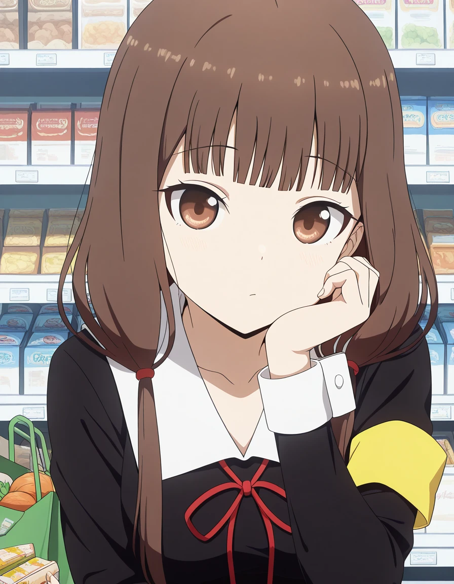 masterpiece, best quality, amazing quality,, <lora:miko-iino-s3-illustriousxl-lora-nochekaiser:1>, miko iino, iino miko, blunt bangs, brown eyes, brown hair, hair tie, long hair, low twintails, red ribbon, ribbon, twintails, mature female, , anime screencap, long sleeves, dress, ribbon, school uniform, collarbone, black dress, sailor collar, white sailor collar, red ribbon, neck ribbon, shuuchiin academy school uniform, armband,, head rest, grocery store, cashier, shopping bag, scanning items, small talk, everyday routine, cowboy shot, solo, looking at viewer