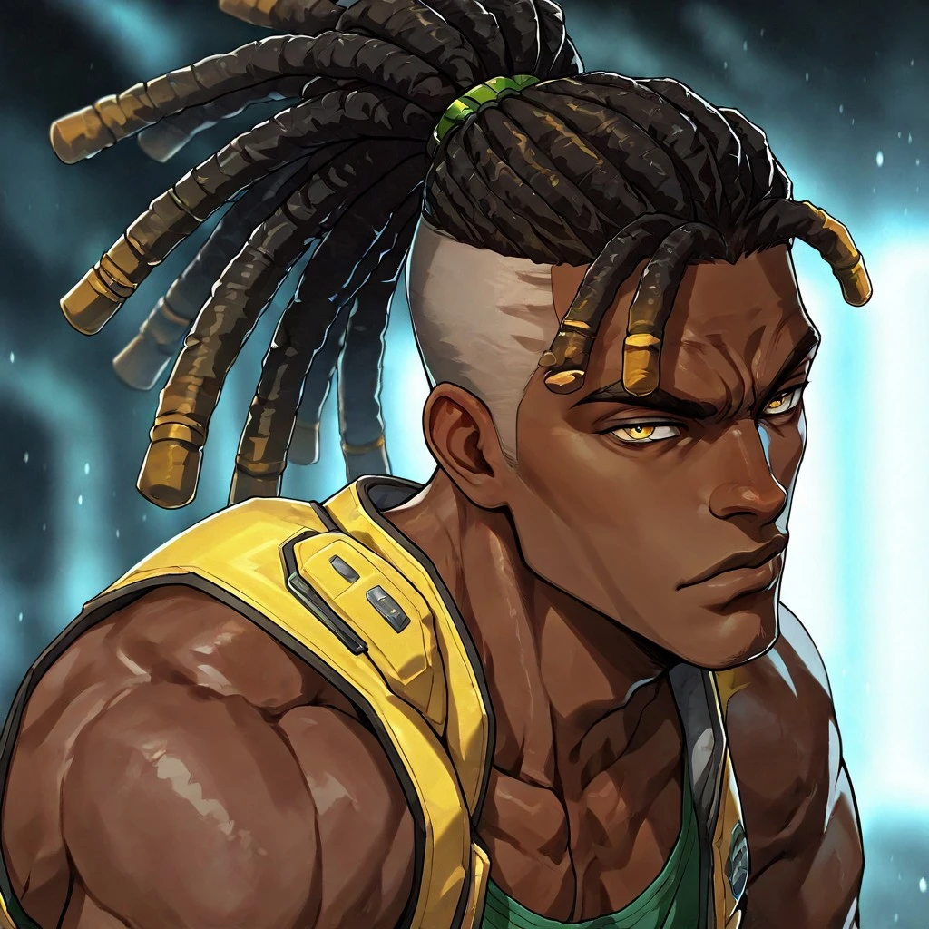 masterpiece, best quality, newest, absurdres, highres, FCMXV1.0, 1boy, DLPT-V1.0, dreadlocks, ponytail, tied hair, solo, male focus, dark-skinned male,