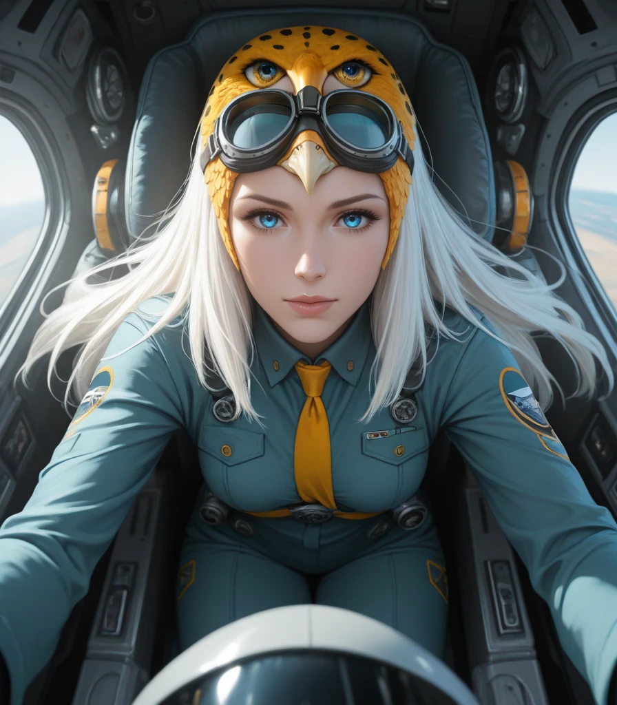 , masterpiece, best quality, great quality, <lora:ThundermanStyleQuiron_ilus:1>
SorceressofCastleGrayskullQuiron, a woman with long white hair is wearing an orange and yellow bird's head on top of her head, ,
64K, UHD, detailed background, violet_evergarden, highres, highest quallity,illustration, cinematic light, ultra detailed, detailed face, (detailed eyes), best quality, hyper detailed, (detailed face), blue eyes, highest details, luminous eyes, small breasts, backlighting, light rays, (colorful), Lace, Tie hair, hair_ribbon, Garland on the head, windy, the most beautiful image ever seen, technique highly detailed, detailed face, A female fighter pilot sitting in the cockpit (F14, Airplane Joystick, full of buttons, ScreenS, detailed), Wearing a fighter pilot's Flying suit, Wearing a flight helmet and goggles, photo is taken from above the cockpit at close range, Shot from above the cockpit at close range, look at the viewer, Leica camera style ,