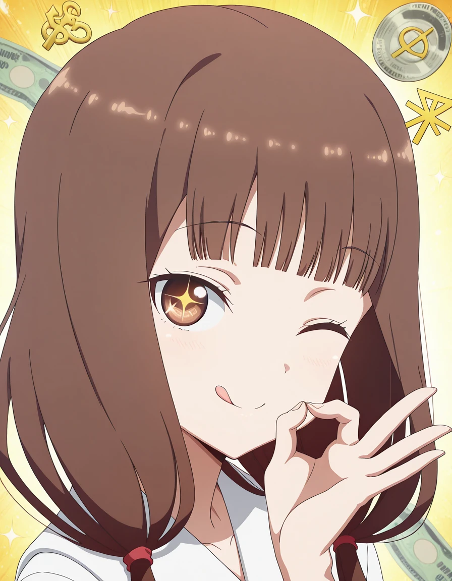 masterpiece, best quality, amazing quality,, <lora:miko-iino-s3-illustriousxl-lora-nochekaiser:1>, miko iino, iino miko, blunt bangs, brown eyes, brown hair, hair tie, long hair, low twintails, red ribbon, ribbon, twintails, mature female, , anime screencap, <lora:money-gesture-illustriousxl-lora-nochekaiser:1>, money gesture, smile, tongue out, looking at viewer, money eyes, sparkling, ok sign, one eye closed, upper body, money, yen sign, dollar sign, hand up,,
