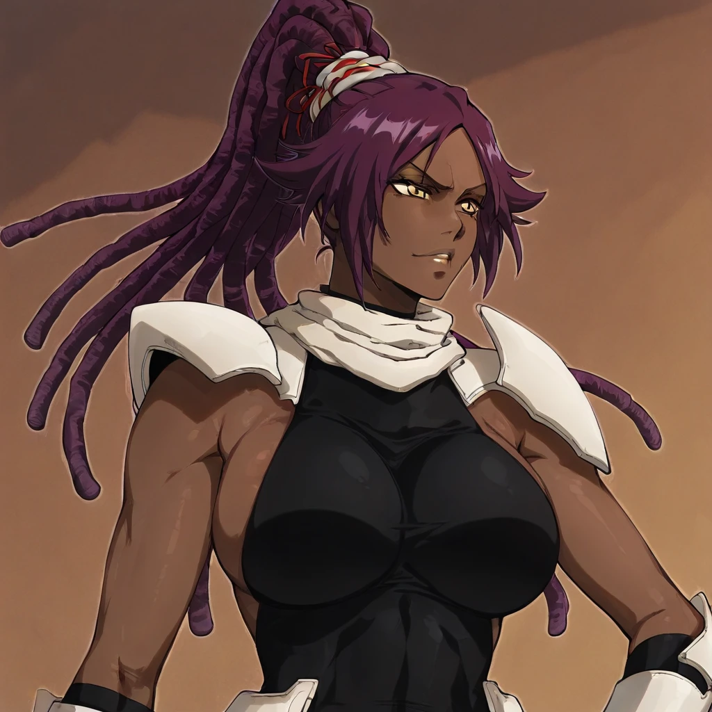 masterpiece, best quality, newest, absurdres, highres, anime, anime style, 1girl, shihouin yoruichi (bleach), dark-skinned female, yellow eyes, ponytail, Purple hair, DLPT-V1.0, dreadlocks, ponytail, tied hair,