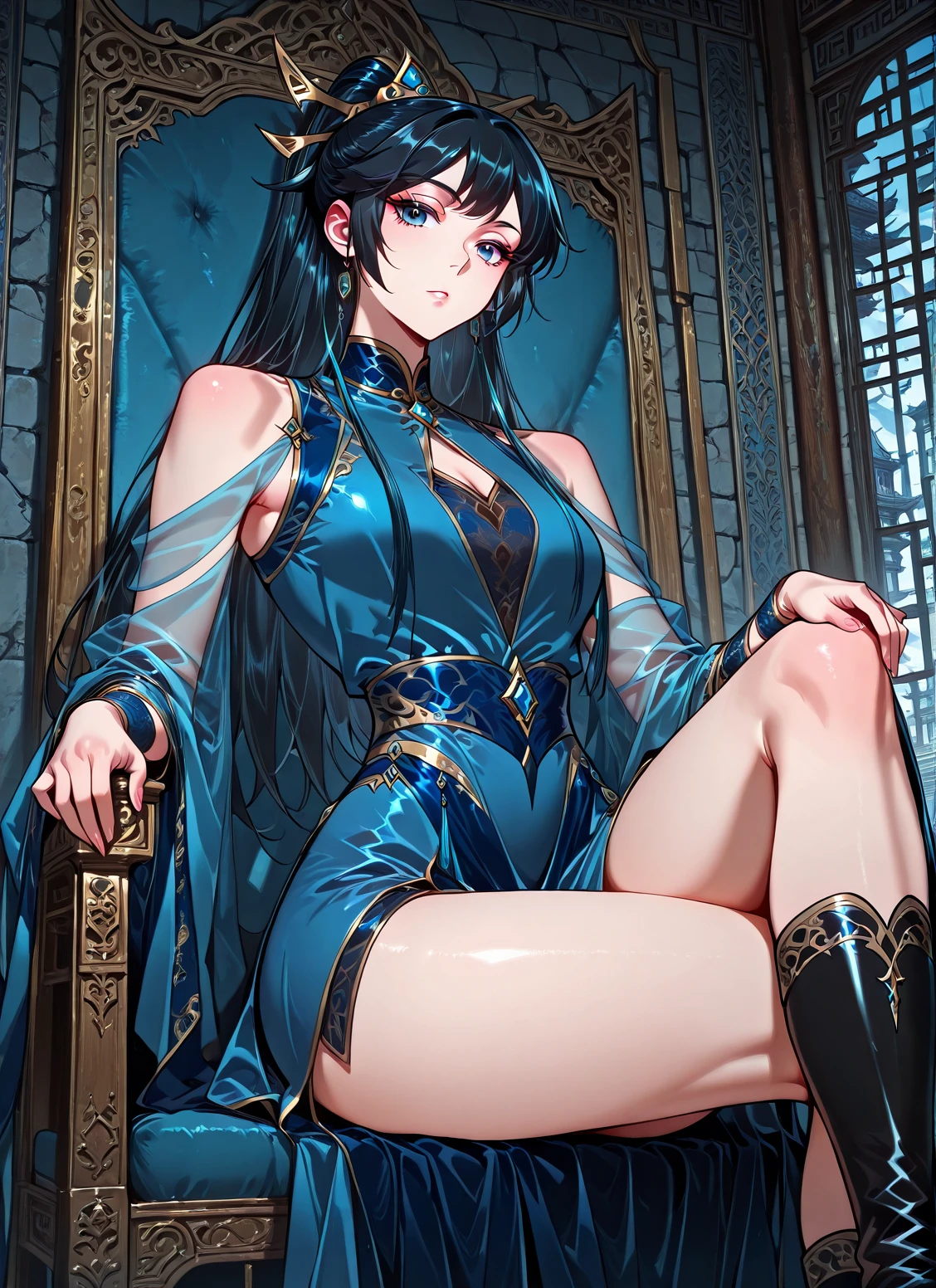 A mature woman with short lustrous azure hair, sporting a sleek and fashionable hairstyle, slightly lowered eyelids emanate a wild aura, her stern yet captivating face carries a disdainful smile, she boasts a slender and elegant figure, a fantasy martial arts-inspired multi-layered folded long dress, the low neckline showcases her impressive cleavage, flowing wide sleeves, long skirt, dark blue as the main color, complemented by orange-yellow accents, the scene is set in a bustling fantasy-style tavern, this character embodies a finely crafted fantasy wuxia-style female warrior in anime style, exquisite and mature manga art style, high definition, best quality, highres, ultra-detailed, ultra-fine painting, extremely delicate, professional, anatomically correct, symmetrical face, extremely detailed eyes and face, high quality eyes, creativity, RAW photo, UHD, 32k, Natural light, cinematic lighting, masterpiece-anatomy-perfect, masterpiece:1.5