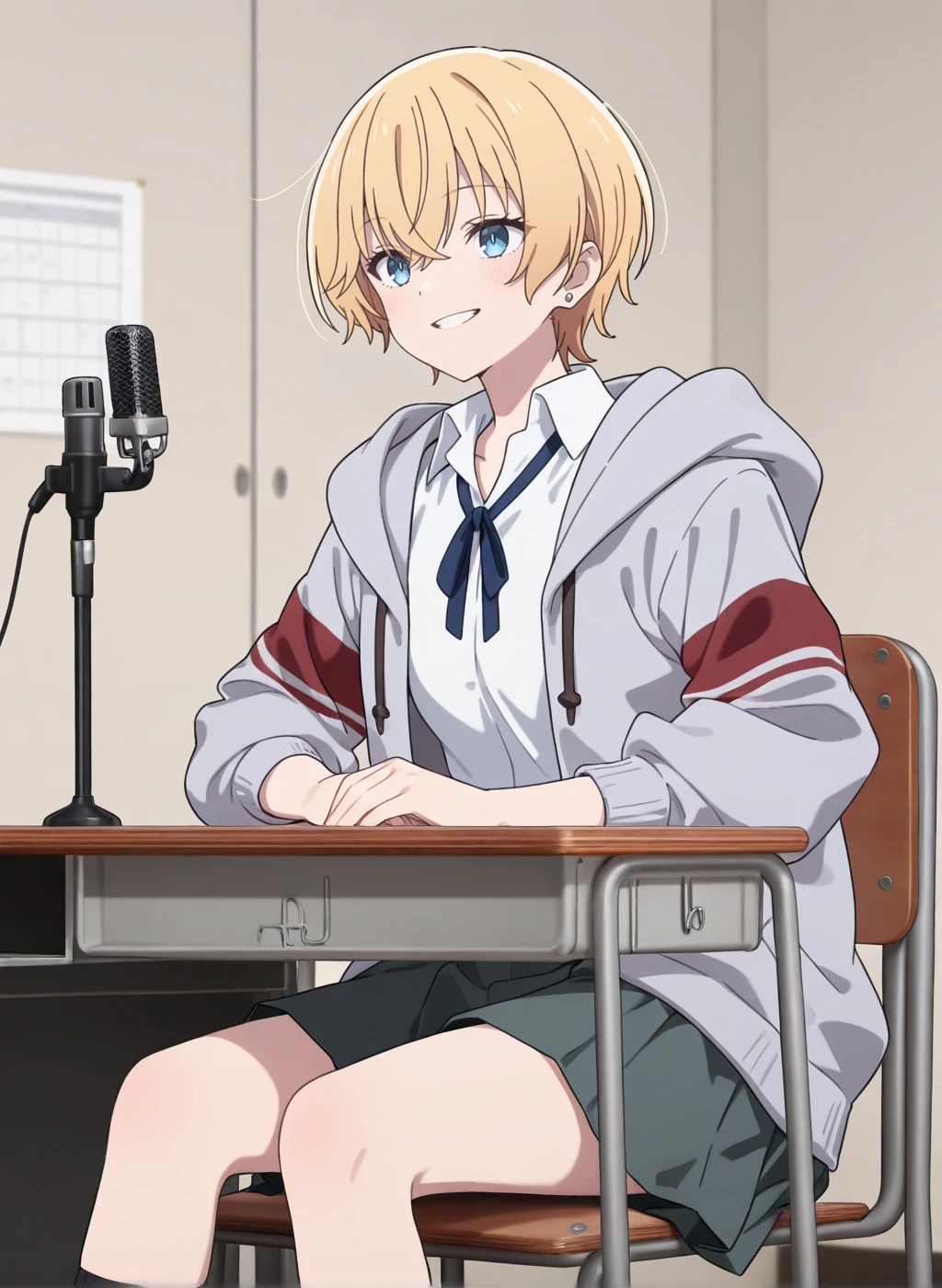 High quality,Ultra detailed,best quality,insanely detailed,beautiful,masterpiece,absurdres,very aesthetic,sensitive BREAK
<lora:usurai_mizuki_V1_IL:1>,(usurai mizuki, hana ha saku syura no gotoku, short hair, blonde hair, blue eyes),(school uniform, collared shirt, long sleeves, grey skirt, pleated skirt, grey jacket, white shirt, hood,black socks, neck ribbon),1girl,solo,smile,indoors,sitting_on_chair,posing,microphone,desk,desk microphone,