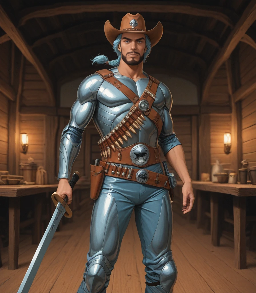 , masterpiece, best quality, great quality, <lora:ThundermanStyleQuiron_ilus:1>
silverhawksQuiron style, solo, looking at viewer, 1boy, hat, holding, weapon, male focus, gun, facial hair, parody, instrument, science fiction, guitar, retro artstyle, cowboy hat, 1980s (style), cowboy western, bandolier,
Her hairs are completly braided. She is a viking warrior and wears a light bronze armor and fur. she holds a big sword in an viking tavern. ,