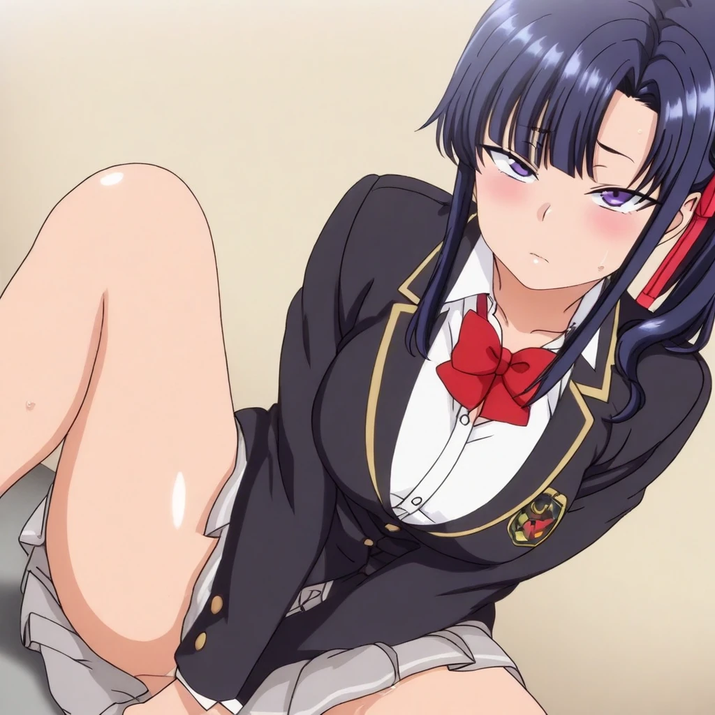 nsfw,Highest quality, masterpiece, High resolution、1 person,(bed),(yukih0sita yukino),(whole body:1,0),sit,Long legs,barefoot,,(pussy cameltoe:1.0),(Upper body naked),(青 panties:1.3),(pussy cameltoe:1.0),,embarrassed,(Put your arms behind your back)、(pussy juice),Spread your legs、Wet,uniform,