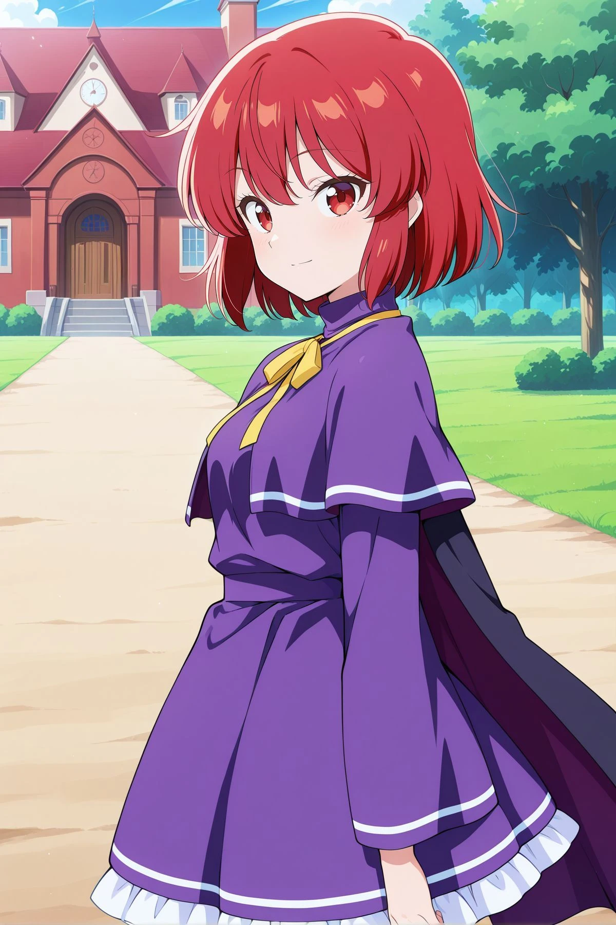 absurdres, highres, masterpiece, best quality, amazing quality, official anime artwork, screencap, anime screencap, outdoors, looking at viewer, light smile, from the side, dynamic pose,
<lora:Marisa-Kirisame-PC98_Illustrious:1> Marisa98, 1girl, solo, red eyes, red hair hair, short hair, small breasts,, puple cape, purple turtleneck, purple dress, capelet, frilled skirt, long sleeves, wide sleeves, yellow neck ribbon,
day, scarlet devil mansion,