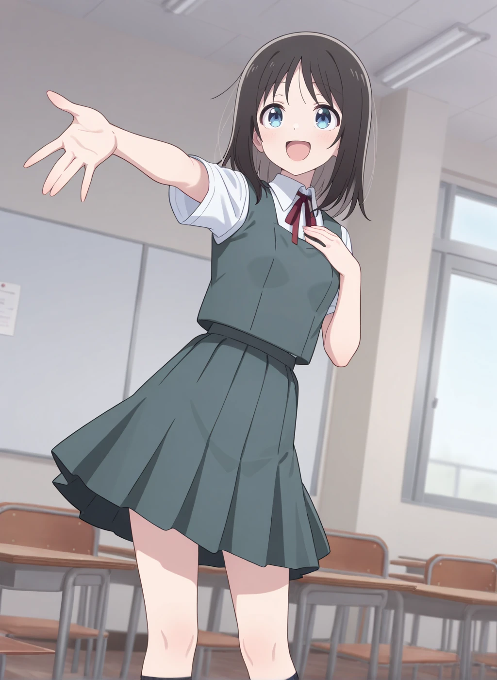 High quality,Ultra detailed,best quality,insanely detailed,beautiful,masterpiece,absurdres,very aesthetic,sensitive BREAK
<lora:haruyama_hana_V1_IL:1>,(haruyama hana, hana ha saku syura no gotoku, black hair, medium hair, blue eyes),(school uniform,summer uniform, white shirt, pleated skirt, collared shirt, neck ribbon, grey vest, short sleeves, grey skirt,black socks),1girl,solo,indoors,school,standing,hand on own chest,outstretched arm,open mouth,posing,:d,