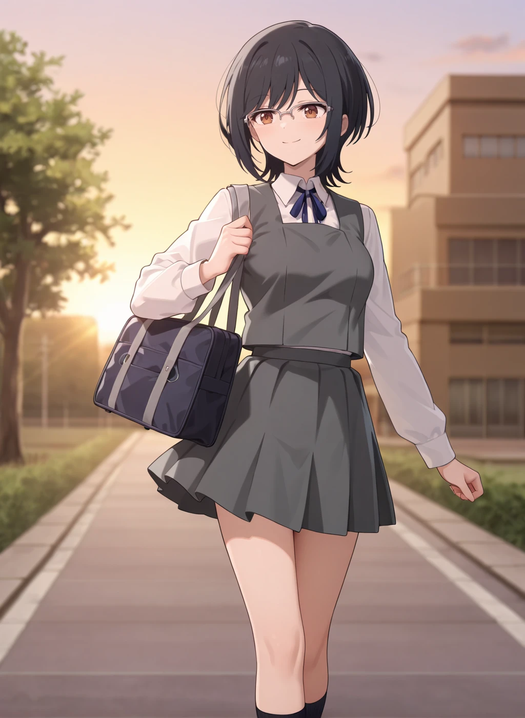 High quality,Ultra detailed,best quality,insanely detailed,beautiful,masterpiece,absurdres,very aesthetic,sensitive BREAK
<lora:totonoi_ryouko_V1_IL:1>,(totonoi ryouko, hana ha saku syura no gotoku, black hair, short hair, brown eyes, over-rim eyewear),(school uniform,grey skirt,grey vest,collared shirt,long sleeves,blue ribbon,black socks),1girl,solo,smile,outdoors,school,standing,posing,school bag,