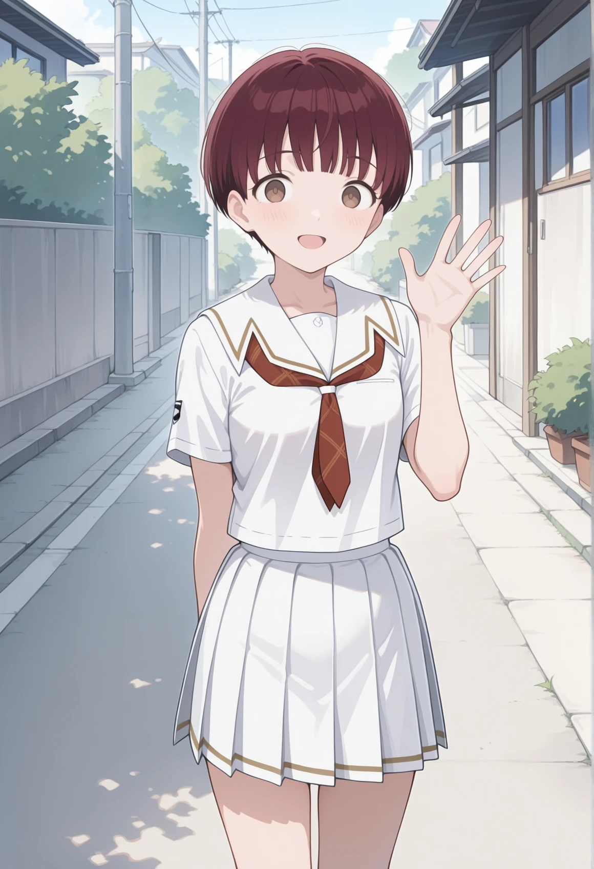 ((masterpiece)),(best quality),official art,extremely detailed CG,unity 8k wallpaper,ultra detailed,beautiful detailed eyes,extremely detailed face,1girl,solo,cowboy shot,looking at viewer,facing viewer,smile,black hair,short hair,bangs,brown eyes,red jacket,white sailor collar,white shirt,long sleeves,black shorts,short shorts,black pantyhose,pantyhose under shorts,sneakers,<lora:Takatoo Rin(ka)>,