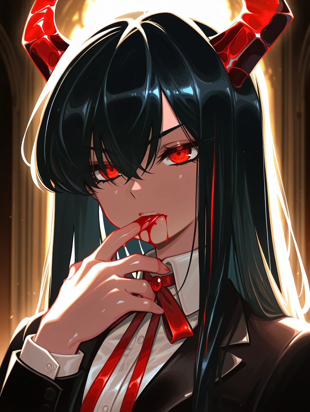 anime, cartoon, shiny skin, shiny, masterpiece, best quality, ultra-detailed, 1girl, black hair, red eyes, long hair, formal, blood, black suit, licking finger, blood on face, blood from mouth, red ribbon, detailed background, absurdres, elegant, serious, dark aesthetic, hand up, dramatic lighting, cinematic, depth of field, moody, refined, solo, upper body, horns