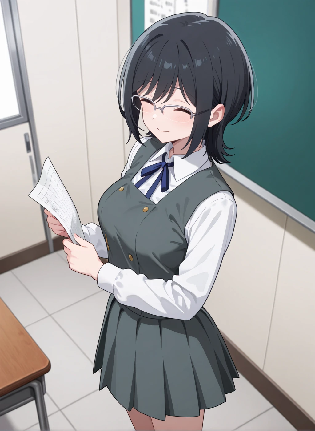 High quality,Ultra detailed,best quality,insanely detailed,beautiful,masterpiece,absurdres,very aesthetic,sensitive BREAK
<lora:totonoi_ryouko_V1_IL:1>,(totonoi ryouko, hana ha saku syura no gotoku, black hair, short hair, brown eyes, over-rim eyewear),(school uniform,grey skirt,grey vest,collared shirt,long sleeves,blue ribbon,black socks),1girl,solo,smile,indoors,school,standing,looking at viewer,from_side,holding paper,closed eyes,posing,