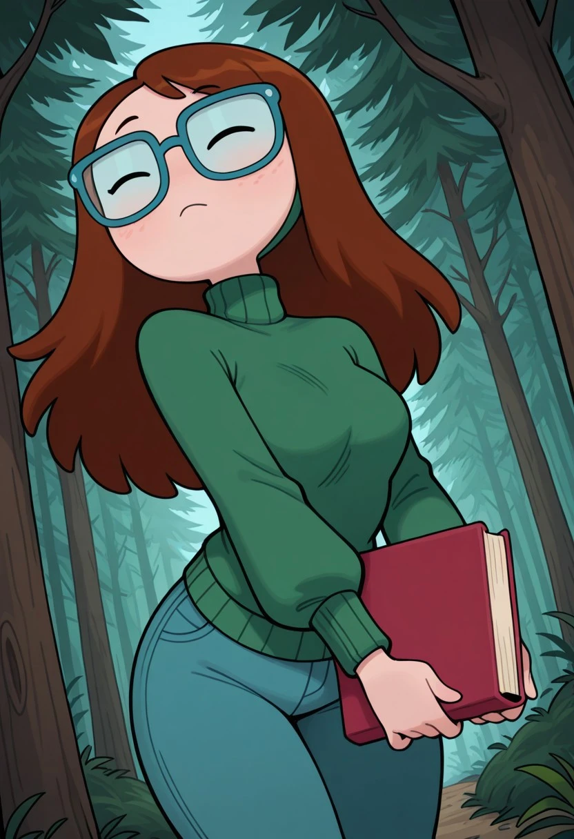 bettygrofILL, 1girl, solo, brown hair, glasses, long hair, green sweater, dot pupils, blue pants, turtleneck masterpiece, best quality, newest, absurdres, highres, amazing quality, 4k, good lighting, high resolution, dynamic angle, cforeshortening, eyes half closed, glossy skin, forest, holding book, closed lips,
