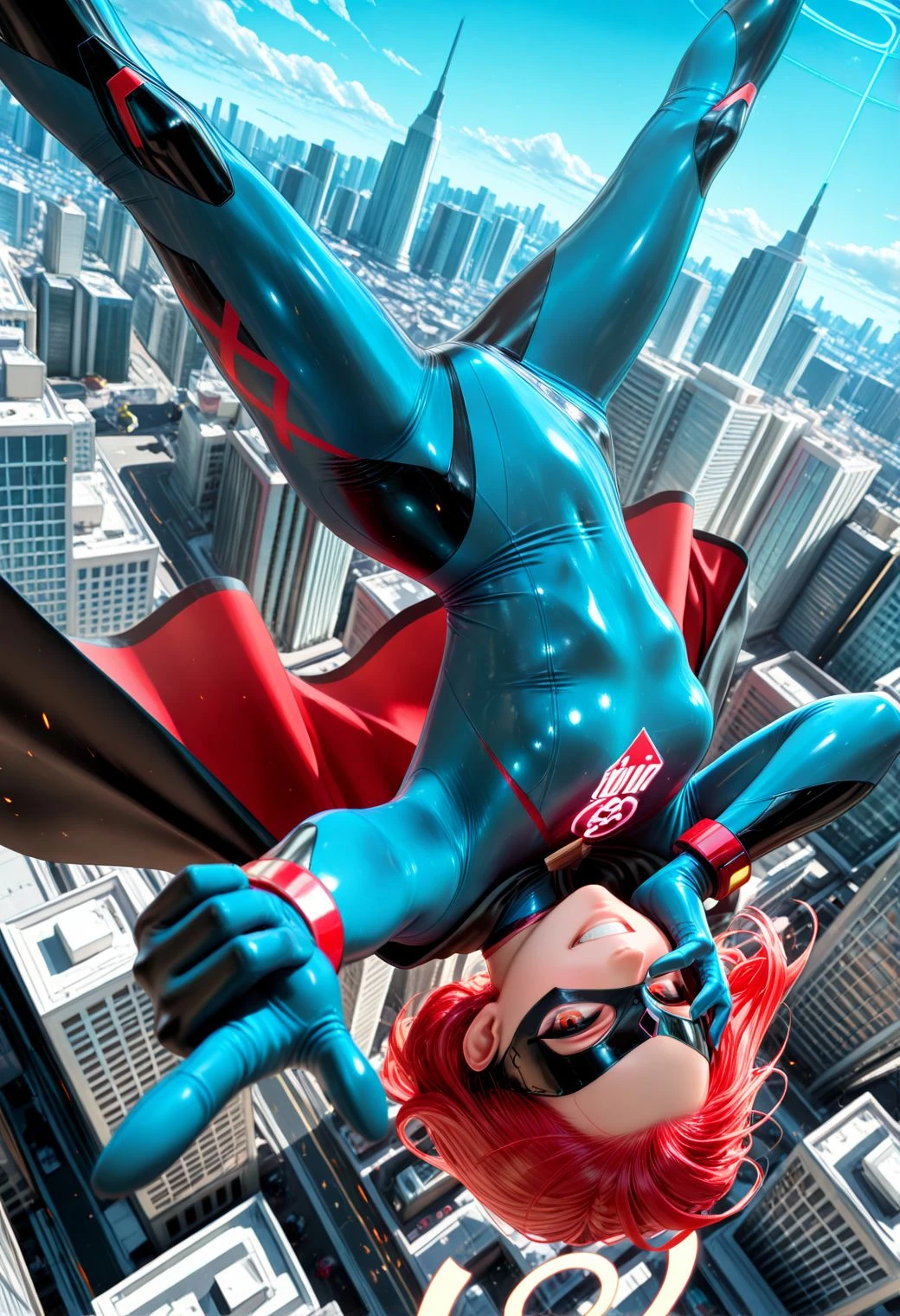 SmoothNoob_Quality, (blue archive:1.3), 1girl, solo, superhero costume, skinny, red and blue bodysuit, cape, eye mask, midair, day, blue sky, outdoors, new york city, (finger gun), hand on face, legs apart, looking at viewer, depth of field, dynamic composition, detailed background, dynamic pose, dutch angle, cowboy shot, falling, upside-down, grin, <lora:Smooth_Booster:0.5> <lora:SLE_v2:0.25>