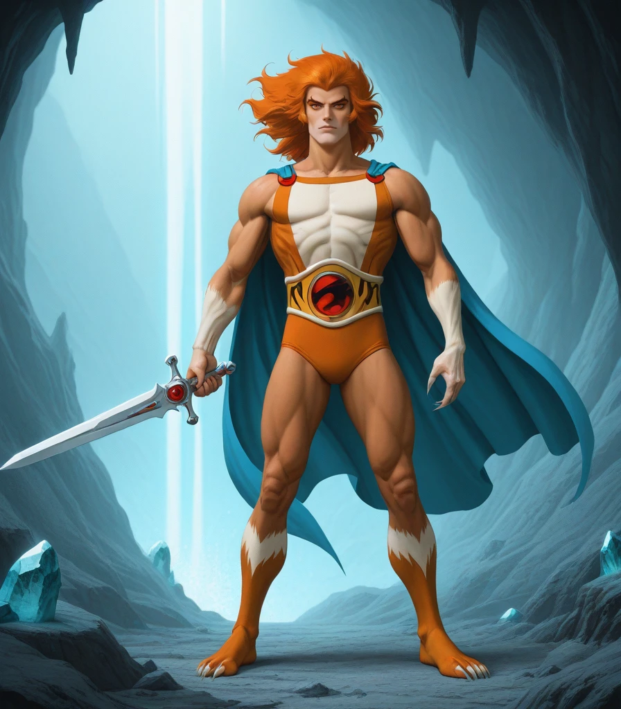 , masterpiece, best quality, great quality, <lora:ThundermanStyleQuiron_ilus:1>
ThundercatsQuiron style, solo, 1boy, weapon, male focus, sword, cape, orange hair, armor, muscular, claws, retro artstyle, 1980s (style), blade,
Best quality masterpiece of a cave with glowing crystals. The crystals are ultra-detailed and extremely delicate, floating in a wide shot that highlights their beauty. The cave is dynamic and full of depth, with Volumetric light that plays off the crystals and creates a stunning illumination effect. Detailed beautiful delicate eyes, detailed skin, best ratio four finger and one thumb.,