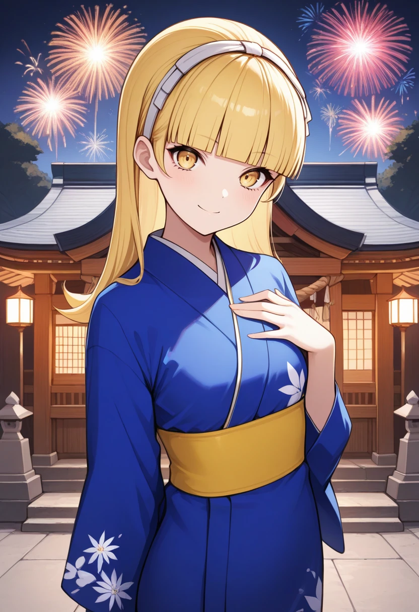 masterpiece, best quality, 1girl, solo, looking at viewer, cowboy shot, smile, night, shrine, fireworks
blue kimono, hand on chest
 <lora:zs_AliceILLU:1> al1c3smt, long hair, blonde hair, blunt bangs,  yellow eyes, hairband,