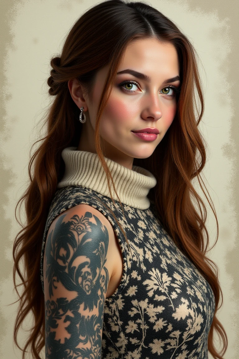 <lora:Ornamental_Patterns:0.7> OrnamentalPatterns style.
tonalism oil painting, humorous, Bacon, Repetition, Mid-Century Modern, Ripples, Pattern, Female Viking, Average Height, Firm, Heart-Shaped Face, Fair background, Light Brown Hair, teal Eyes, Neat Nose, Sexy small Lips, Soft neat round Chin, Long Hair, Coarse Hair, Side French Braid, firm , Hoop earrings, mauve satin lipstick, Turtleneck sweater with a puffer jacket and snow pants .
Her entire body including limbs and her face, is covered with clearly visible, black, ornamental pattern tattoo, which contrasts sharply with the light color of her skin. (She wears a gentle smile) on her delicate face adorned with impeccable makeup.