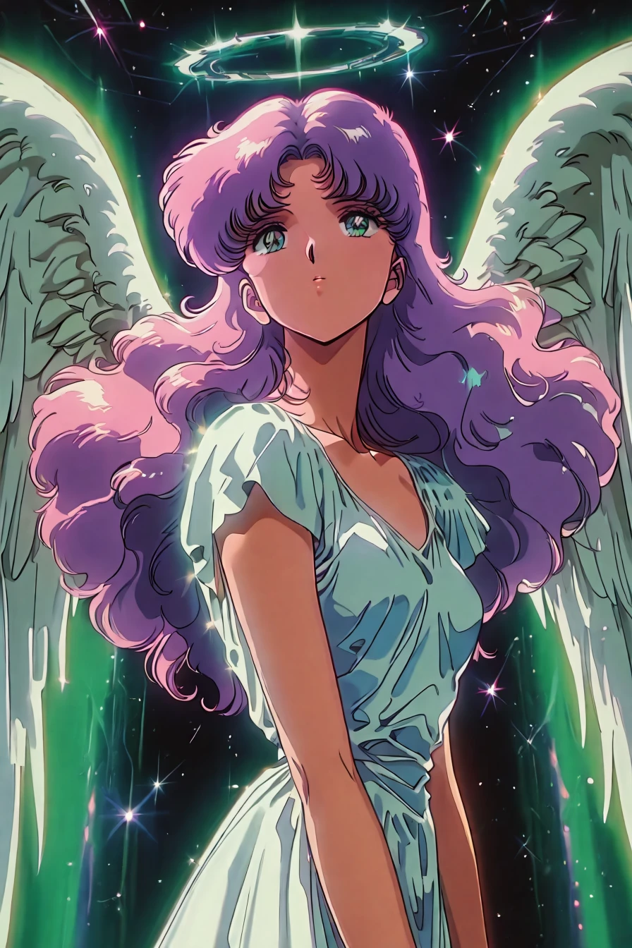 1girl, solo, alone, angel, wings, looking at the viewer, white dress, upper body, <lora:retro_celestial_scifi-000029:1>, retro_celestial_scifi, retro artstyle, masterpiece, highres