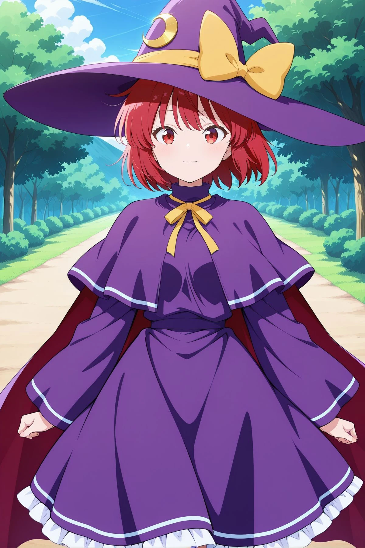 absurdres, highres, masterpiece, best quality, amazing quality, official anime artwork, screencap, anime screencap, outdoors, looking at viewer, light smile, dynamic pose, standing,
<lora:Marisa98:1> Marisa98, 1girl, solo, red eyes, red hair hair, short hair, small breasts,, witch hat, purple hat, hat bow, yellow bow, hat ornament, crescent hat ornament, puple cape, purple turtleneck, purple dress, capelet, frilled skirt, long sleeves, wide sleeves, yellow neck ribbon,
