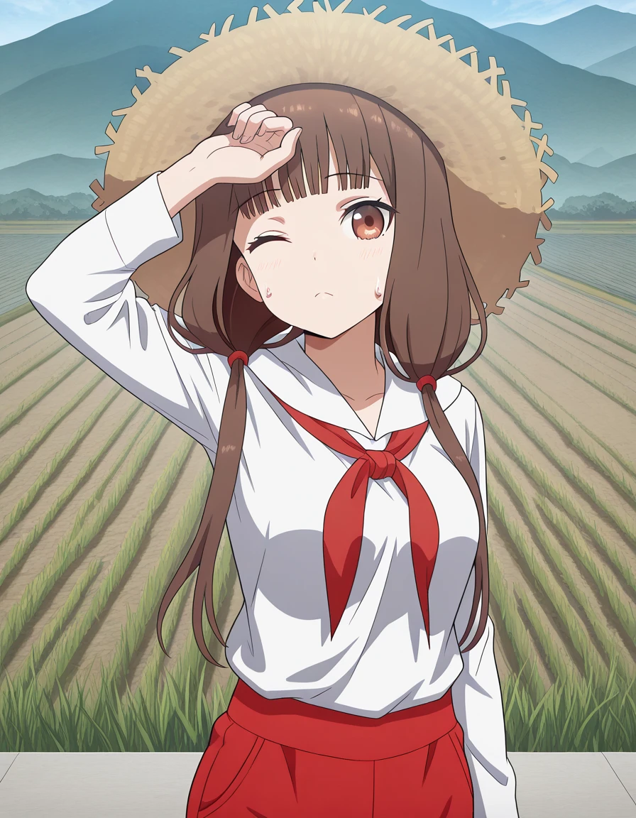 masterpiece, best quality, amazing quality,, <lora:miko-iino-s3-illustriousxl-lora-nochekaiser:1>, miko iino, iino miko, blunt bangs, brown eyes, brown hair, hair tie, long hair, low twintails, red ribbon, ribbon, twintails, mature female, , anime screencap, <lora:philippine-katipunero-illustriousxl-lora-nochekaiser:1>, philippine katipunero, solo, looking at viewer, shirt, long sleeves, white shirt, pants, neckerchief, red neckerchief, red pants, rice paddy, one eye closed, arm on forehead, looking to the side, sweat, cowboy shot, hat, straw hat,,