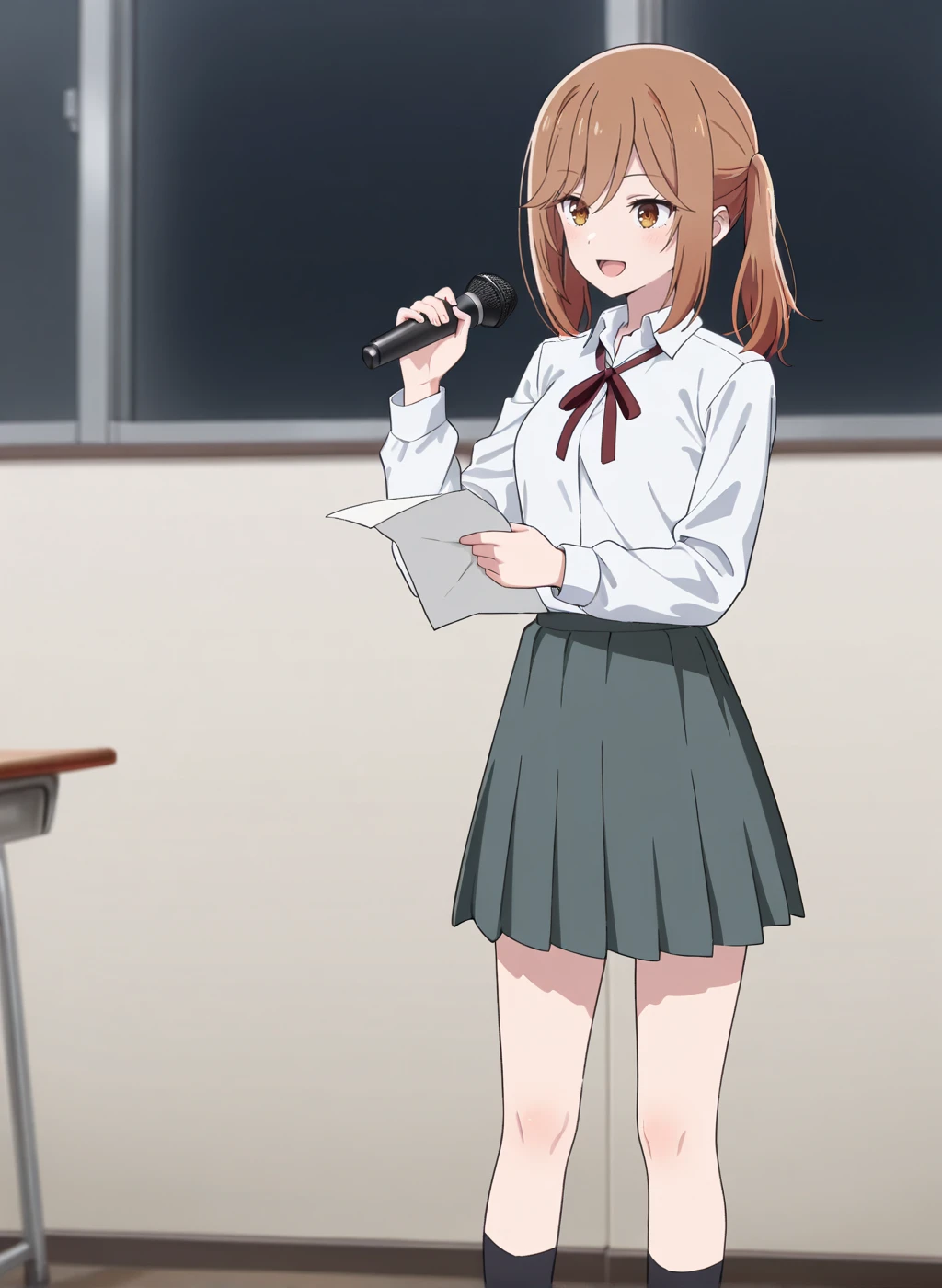 High quality,Ultra detailed,best quality,insanely detailed,beautiful,masterpiece,absurdres,very aesthetic,sensitive BREAK
<lora:natsue_an_V1_IL:1>,(natsue an, hana ha saku syura no gotoku, brown hair, twintails, long hair, brown eyes,small breasts),(school uniform, collared shirt, long sleeves, grey skirt, pleated skirt, white shirt, black socks,neck ribbon ),1girl,solo,smile,indoors,school,standing,holding paper,open mouth,posing,holding_microphone,