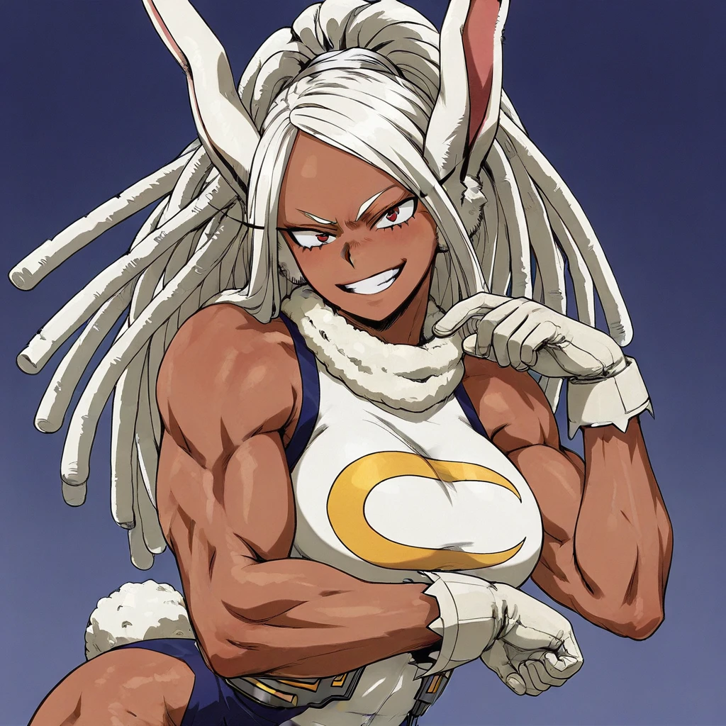 masterpiece, best quality, newest, absurdres, highres, vintage anime, 90s anime, 1girl, Mirko /(boku_no_hero_academia/), dark-skinned female, toned, muscular female, white hair, rabbit ears, rabit tail, gloves, red eyes, rabbit girl, DLPT-V1.0, dreadlocks, ponytail, tied hair,