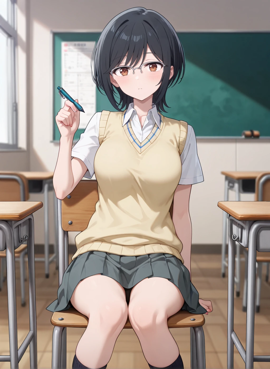 High quality,Ultra detailed,best quality,insanely detailed,beautiful,masterpiece,absurdres,very aesthetic,sensitive BREAK
<lora:totonoi_ryouko_V1_IL:1>,(totonoi ryouko, hana ha saku syura no gotoku, black hair, short hair, brown eyes, over-rim eyewear),(school uniform,summer uniform,grey skirt,yellow sweater vest,collared shirt,short sleeves,black socks),1girl,solo,indoors,school,classroom,sitting_on_chair,posing,school desk,school chair,holding_pen,