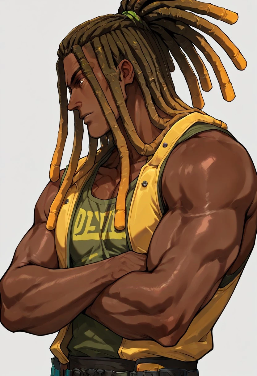 masterpiece, best quality, newest, absurdres, highres, FCMXV1.0, 1boy, DLPT-V1.0, dreadlocks, ponytail, tied hair, solo, male focus, dark-skinned male,