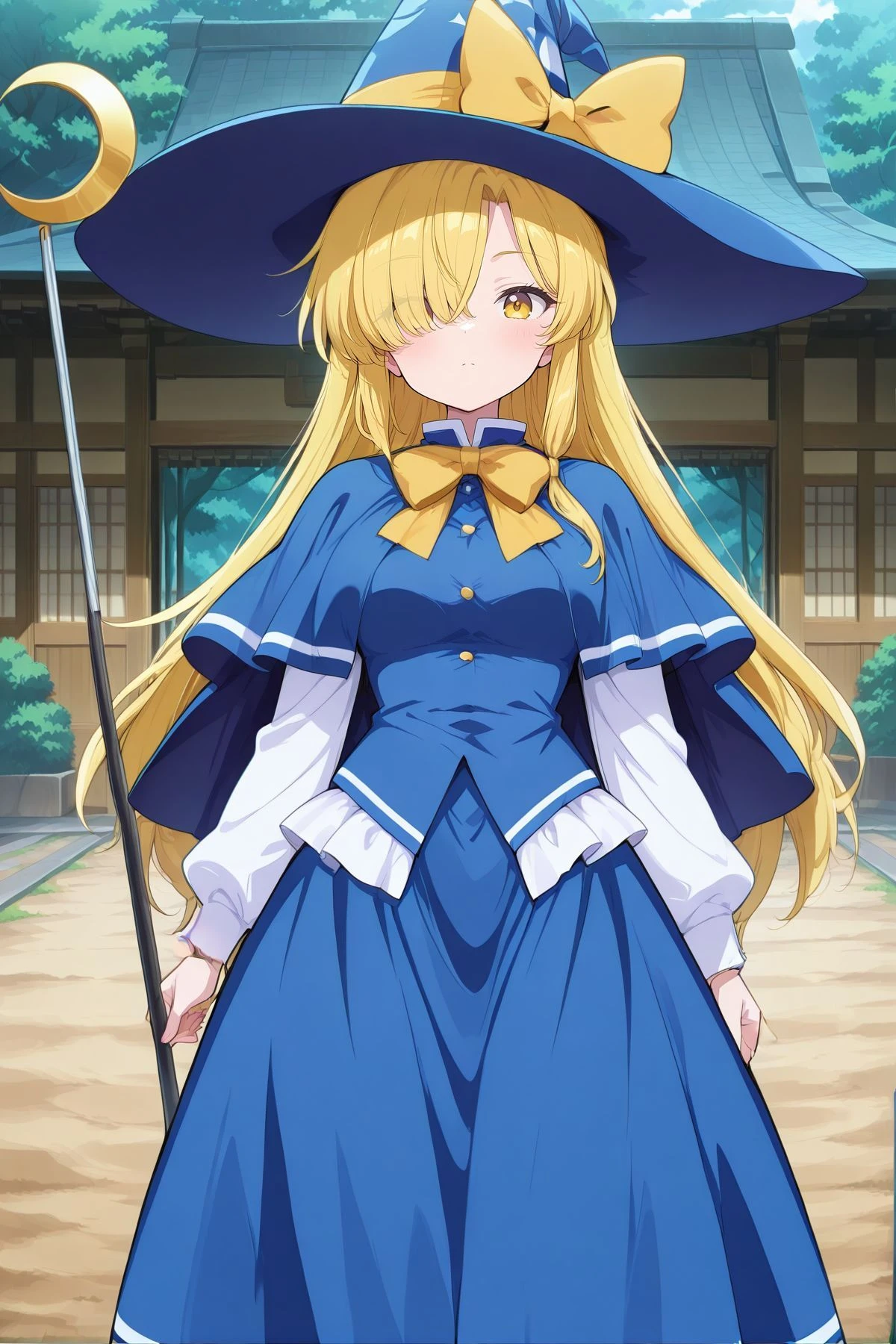 absurdres, highres, masterpiece, best quality, amazing quality, official anime artwork, screencap, anime screencap, outdoors, looking at viewer, light smile, dynamic pose, standing,
<lora:Marisa-Kirisame-PC98_Illustrious:1> Marisa98, 1girl, solo, yellow eyes, blonde hair hair, long hair, hair over one eye, sidelocks, small breasts,, <lora:Mima_Illustrious:1> wizard hat, blue capelet, yellow bow, blue dress, white sleeves, long sleeves, blue skirt, staff,