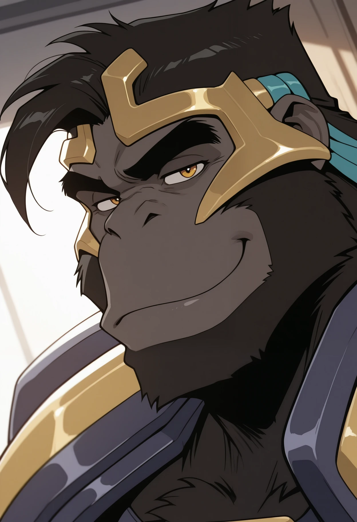 masterpiece,best quality,amazing quality, 1boy, solo, g4l13l, gorilla boy,  gold helmet, pauldrons, close up, side angle, looking at viewer, smug,