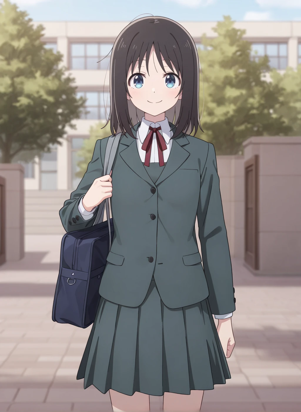 High quality,Ultra detailed,best quality,insanely detailed,beautiful,masterpiece,absurdres,very aesthetic,sensitive BREAK
<lora:haruyama_hana_V1_IL:1>,(haruyama hana, hana ha saku syura no gotoku, black hair, medium hair, blue eyes),(school uniform, white shirt, pleated skirt, collared shirt, neck ribbon, grey vest, long sleeves, grey skirt,black socks),1girl,solo,smile,outdoors,school,standing,looking at viewer,blazer,posing,school bag,