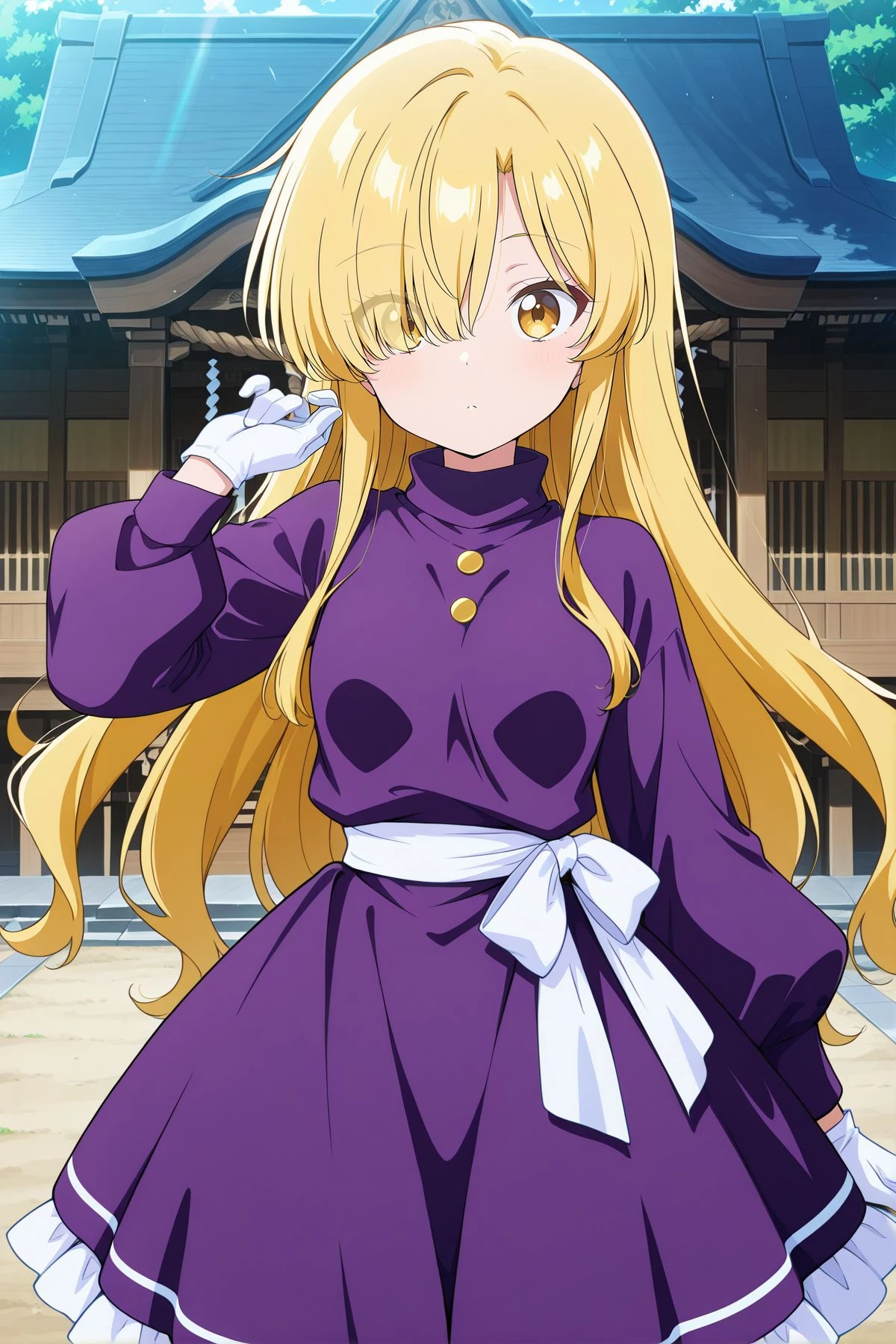 absurdres, highres, masterpiece, best quality, amazing quality, official anime artwork, screencap, anime screencap, outdoors, looking at viewer, dynamic pose,
<lora:Marisa-Kirisame-PC98_Illustrious:1> Marisa98, 1girl, solo, yellow eyes, blonde hair hair, long hair, hair over one eye, sidelocks, small breasts,, purple turtleneck, purple dress, frilled skirt, puffy long sleeves, yellow buttons, white gloves, white sash,
day, shrine,