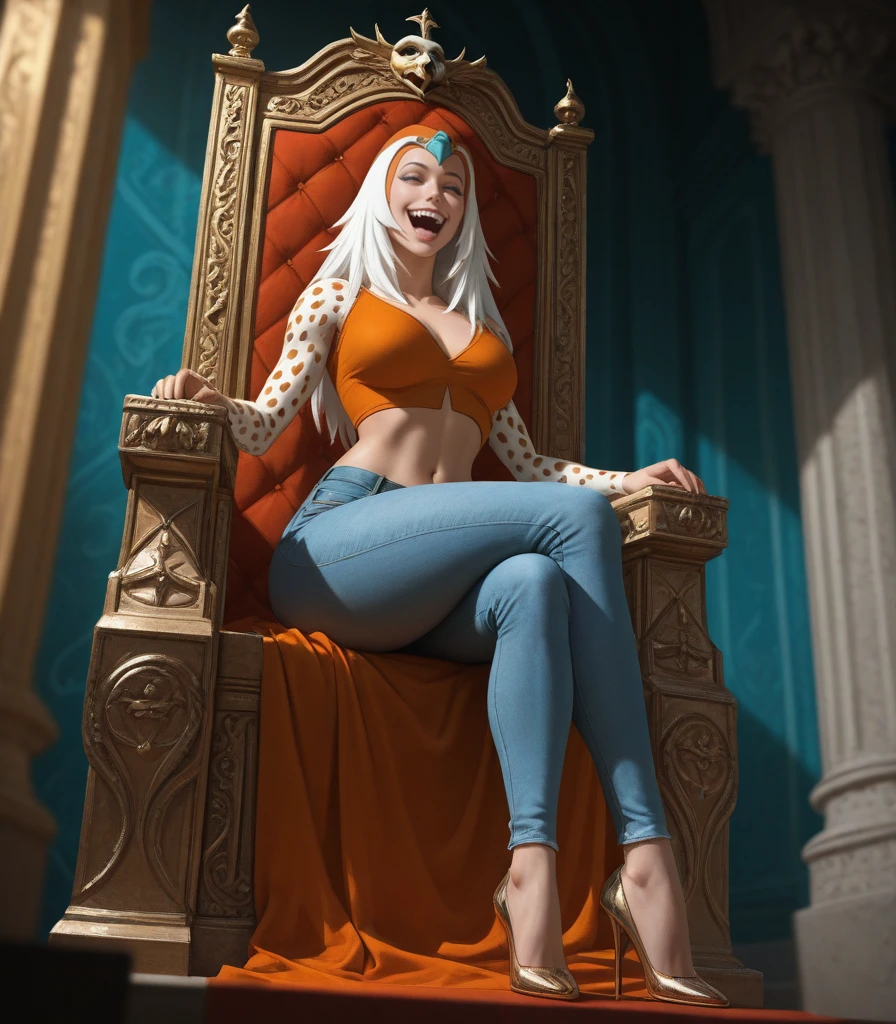 , masterpiece, best quality, great quality, <lora:ThundermanStyleQuiron_ilus:1>
SorceressofCastleGrayskullQuiron, an animated image of a woman with white hair and blue eyes standing in front of a multicolored background ,
Highly detailed RAW color Photo, woman sitting on throne, crop top, jeans, high heels, laughing, (wide hips), (detailed skin), (detailed lips), (detailed eyes), (throne_room:1.4), (detailed face), brunette, (curvy), (laughing:1.2), detailed eyes, chromatic aberration, depth of field, soft lighting, masterpiece, best quality, intricate, (bloom:0.7), (from below:1.3), low angle, particle effects, raytracing, tone mapped, highly detailed, concept art, smooth, sharp focus, dramatic lighting, highly detailed artwork, cinematic, hyper realistic painting, trending on Artstation, 8K, incredible shadows, realistic, (highly detailed background:1.2), art by midjourney., Watching TV or movies