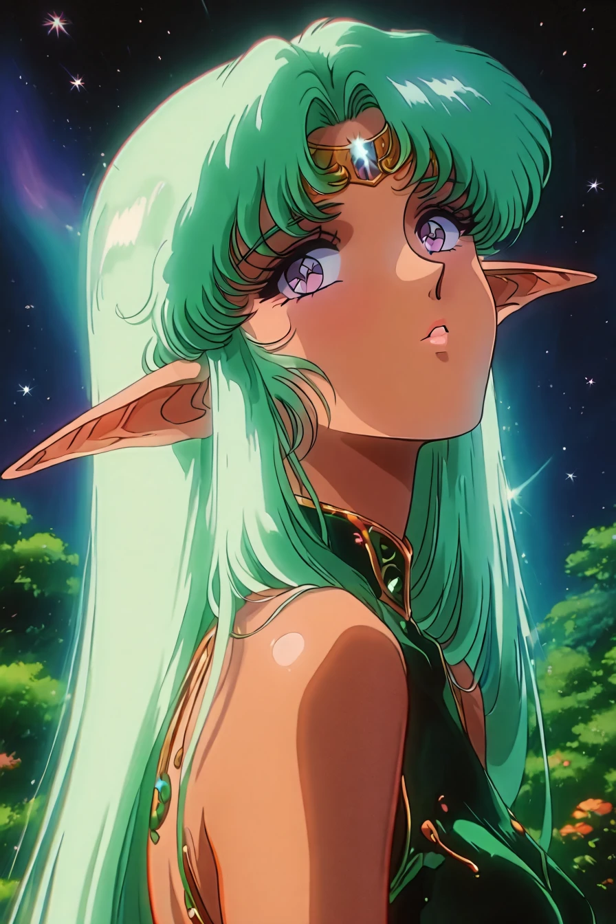 1girl, solo, alone, elf, pointy ears, looking at the viewer, <lora:retro_celestial_scifi-000029:1>, retro_celestial_scifi, retro artstyle, masterpiece, highres