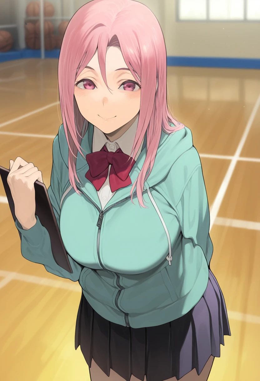 masterpiece, best quality,highres,1girl,momoisatsuki,pink hair,long hair,pink eyes, aqua jacket,white collared shirt,red bowtie,pleated skirt,holding clipboard,leaning forward,arm behind back,solo,looking at viewer,smile,basketball court<lora:momoisatsuki:0.9>,