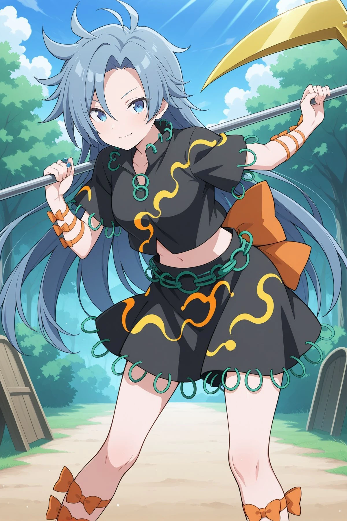 Bulbophyllum Momoyo, patterned clothing, Black shirt, Greenling, Orange ribbon, orange bow, Black skirt, Standing, speculum,(Blushing:1.2),Pull up your skirt,Silvery hair,The long-haired,pube_The tattoo、in heat、pussy juice、speculum,Smartphone