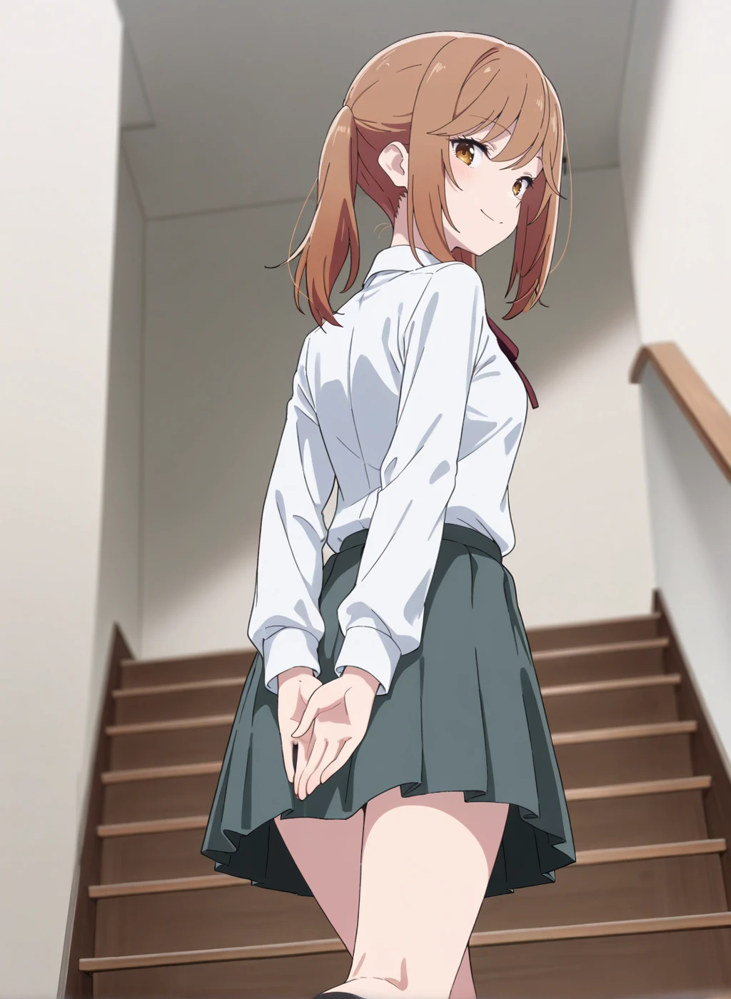 High quality,Ultra detailed,best quality,insanely detailed,beautiful,masterpiece,absurdres,very aesthetic,sensitive BREAK
<lora:natsue_an_V1_IL:1>,(natsue an, hana ha saku syura no gotoku, brown hair, twintails, long hair, brown eyes,small breasts),(school uniform, collared shirt, long sleeves, grey skirt, pleated skirt, white shirt, black socks,neck ribbon ),1girl,solo,smile,indoors,school,(stairs,walking,from below,from behind,covering ass,looking at viewer,looking back,arms behind back),