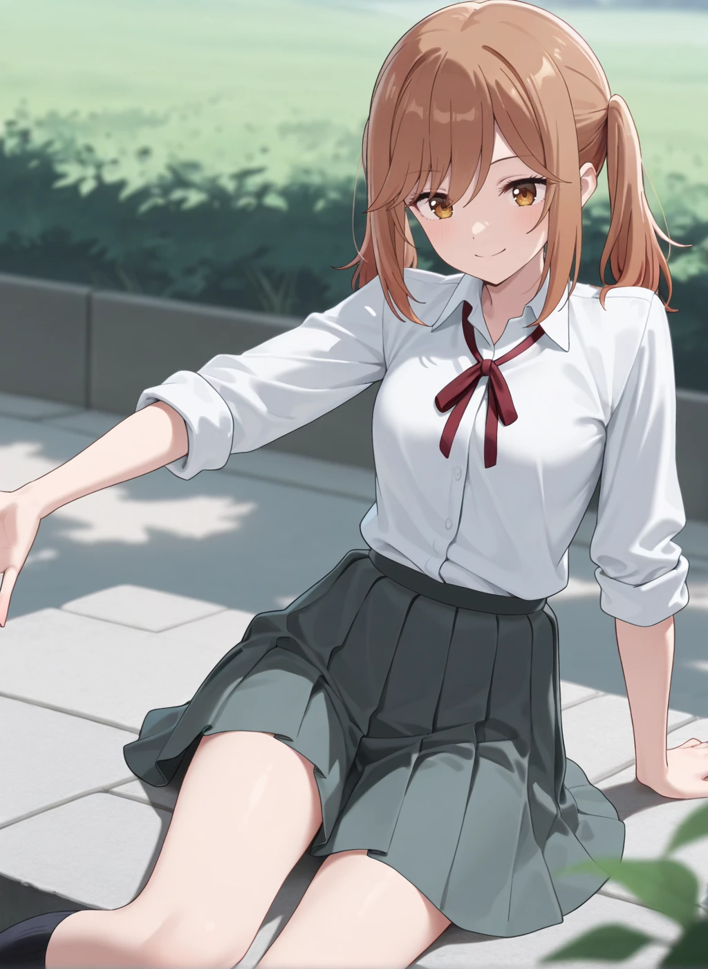 High quality,Ultra detailed,best quality,insanely detailed,beautiful,masterpiece,absurdres,very aesthetic,sensitive BREAK
<lora:natsue_an_V1_IL:1>,(natsue an, hana ha saku syura no gotoku, brown hair, twintails, long hair, brown eyes,small breasts),(school uniform, collared shirt, long sleeves, grey skirt, pleated skirt, white shirt, black socks,neck ribbon ),1girl,solo,smile,outdoors,posing,sleeves rolled up,sitting,