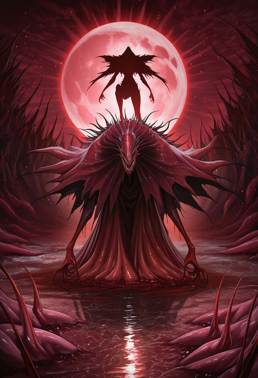 MASTERPIECE, AMAZING QUALITY, 3NDL3SS, SILHOUETTE, MONSTER, SHARP FANGS, FLESH CLOAK, BLOODY, RED PARTICLES, RED SWAMP,