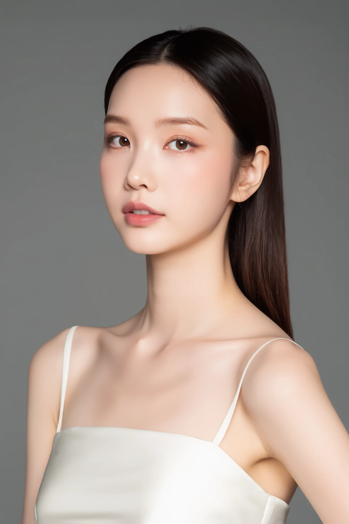 highest quality, masterpiece, Ultra-high resolution, (Realistic:1.4), RAW Photos, 19 years old, Simple gray background, ((Micro Bikini、Upper Body、Lean forward)), Looking at the audience
