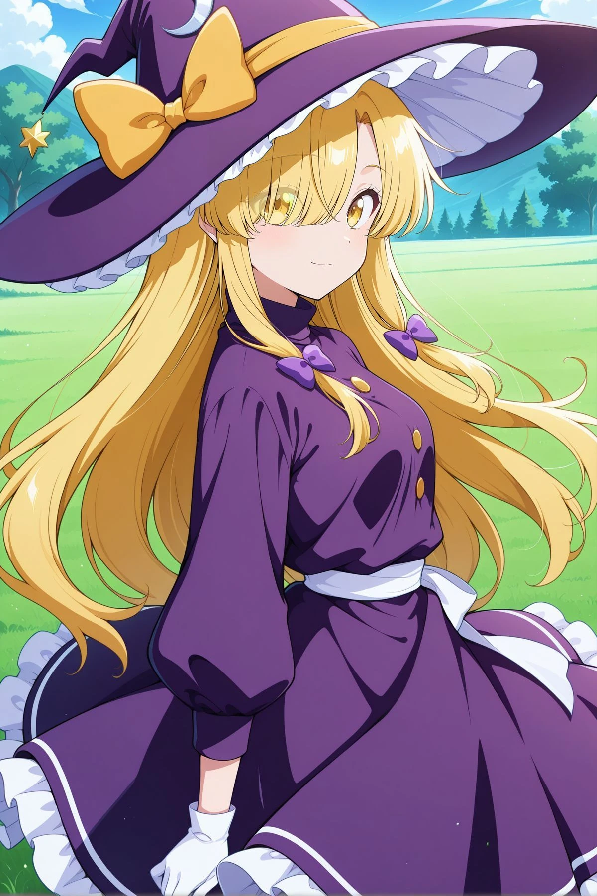 absurdres, highres, masterpiece, best quality, amazing quality, official anime artwork, screencap, anime screencap, outdoors, looking at viewer, light smile, from the side, dynamic pose,
<lora:Marisa-Kirisame-PC98_Illustrious:1> Marisa98, 1girl, solo, yellow eyes, blonde hair hair, long hair, hair over one eye, sidelocks, small breasts,, witch hat, purple hat, hat bow, yellow bow, hat ornament, frilled hat, crescent hat ornament, hair ribbon, purple ribbon, purple turtleneck, purple dress, frilled skirt, puffy long sleeves, yellow buttons, white gloves, white sash,