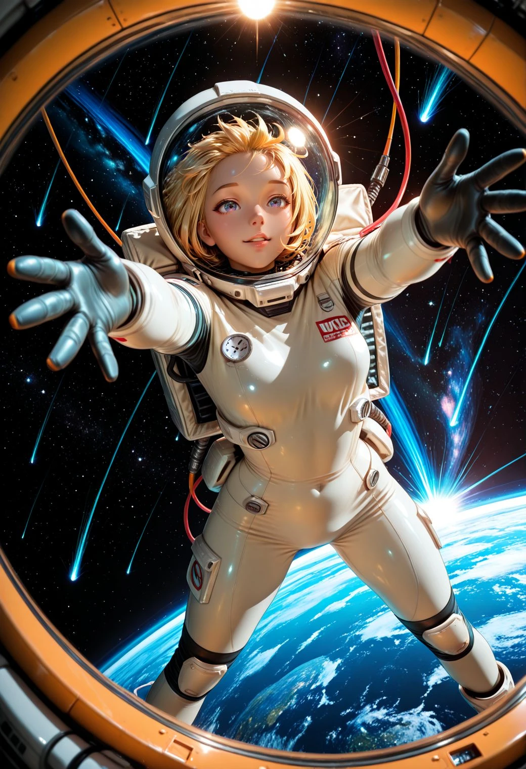 SmoothNoob_Quality, (murata yuusuke:1.4) science fiction, 1girl, solo, astronaut, happy, space, starry sky, earth \(planet\), space helmet, shooting star, sky, spacesuit, parted lips, scenery, glow, floating, cable, open palms, outstretched arms, legs apart, dynamic angle, <lora:Smooth_Booster:0.5> <lora:SLE_v2:0.25>