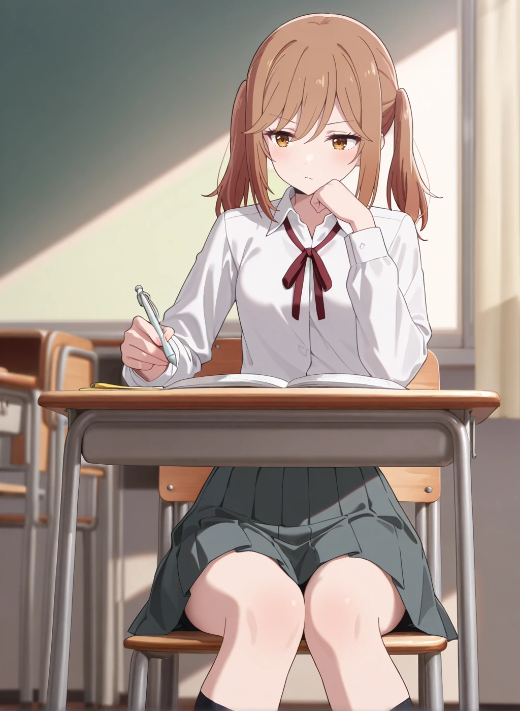 High quality,Ultra detailed,best quality,insanely detailed,beautiful,masterpiece,absurdres,very aesthetic,sensitive BREAK
<lora:natsue_an_V1_IL:1>,(natsue an, hana ha saku syura no gotoku, brown hair, twintails, long hair, brown eyes,small breasts),(school uniform, collared shirt, long sleeves, grey skirt, pleated skirt, white shirt, black socks,neck ribbon ),1girl,solo,indoors,school,classroom,sitting_on_chair,posing,school desk,school chair,holding_pen,thinking,